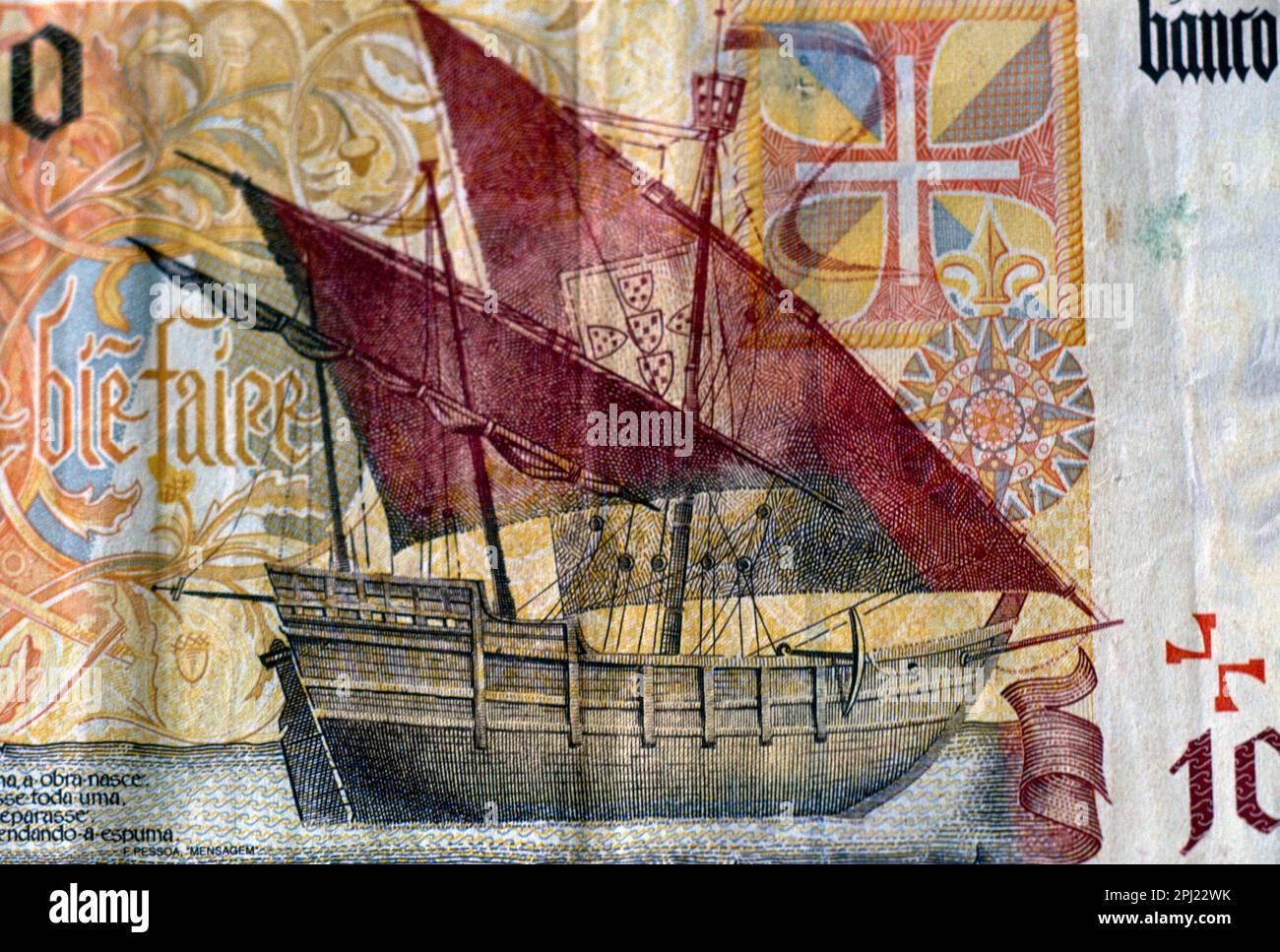 Lisbon Portugal Portugese Sailing Ship on 10000 Escudos Note Stock Photo