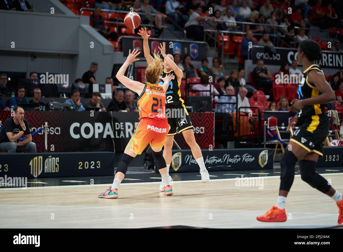 Marie Gulich of Valencia Basket (L) and Maria Espin de Sancho of Movistar Estudiantes (R) in action during the Quarterfinals of the Queen's Cup on mar Stock Photo