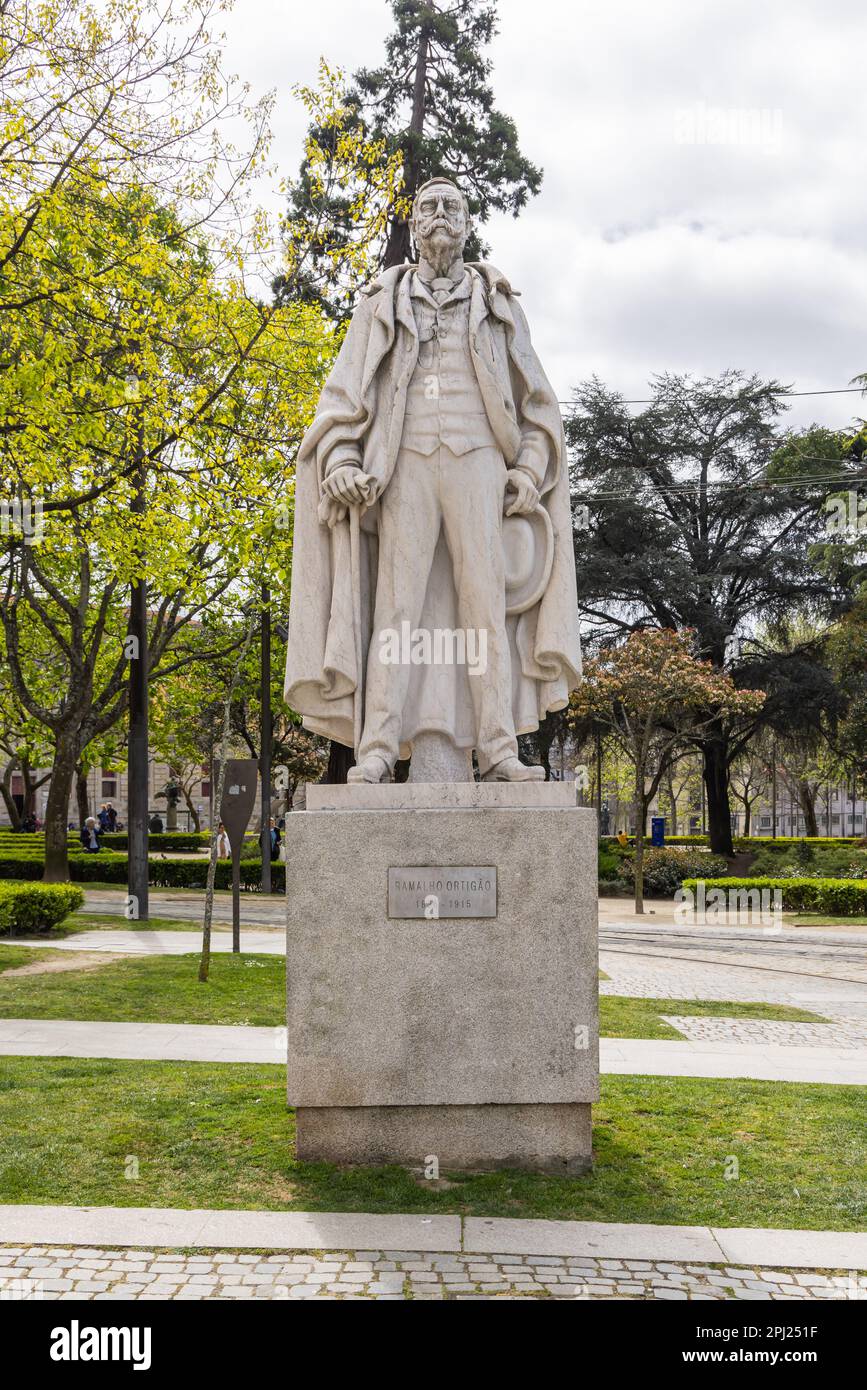 Europe, Portugal, Porto. April 7, 2022. Statue of the Portugese writer Jose Duarte Ramalho Ortigao. Stock Photo
