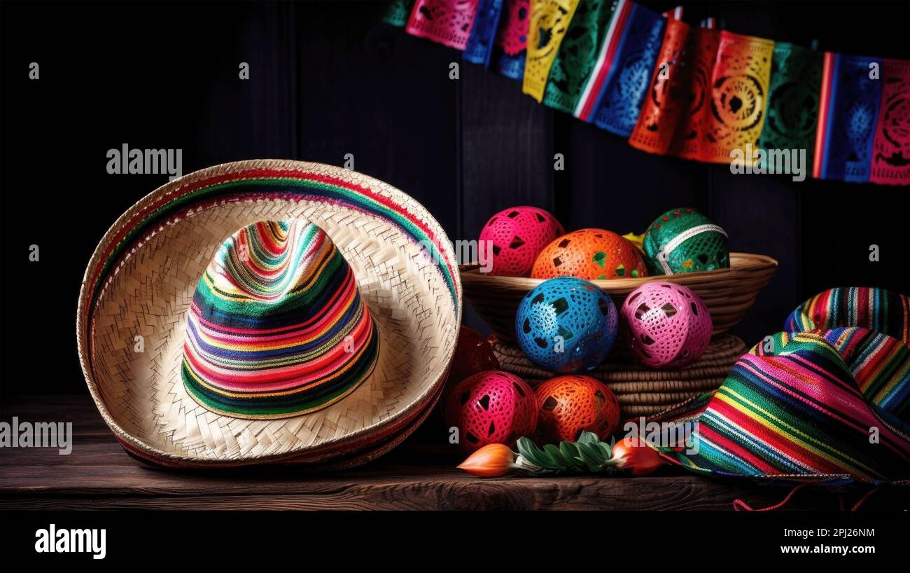 Mexican national holiday Cinco de Mayo. Traditional sombrero hat, cacti