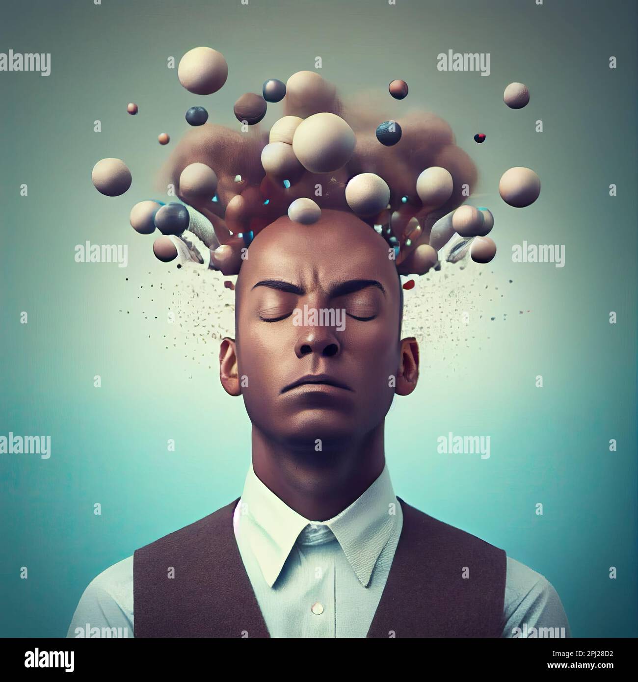 a man's head with many balls coming out of his head, and the image is