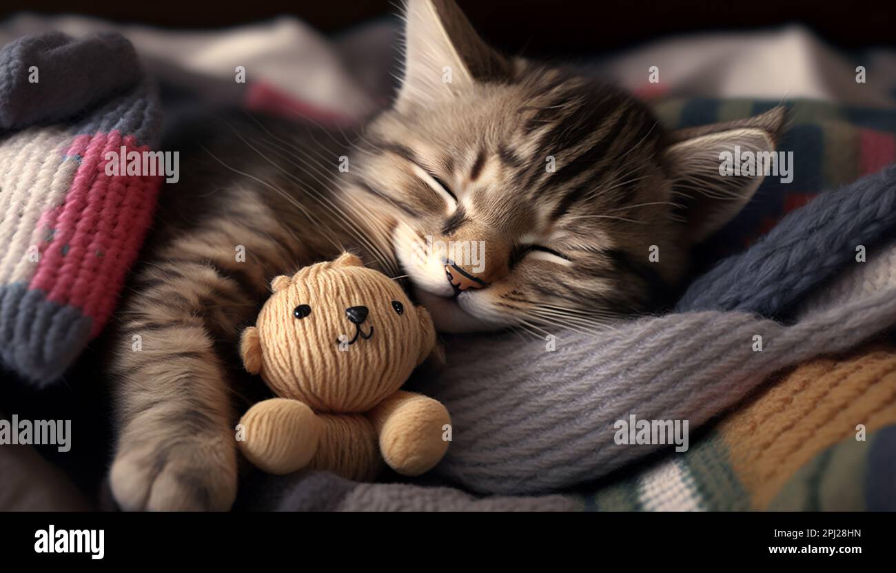 A kitten sleeping with a teddy bear. High quality photo Stock Photo Alamy