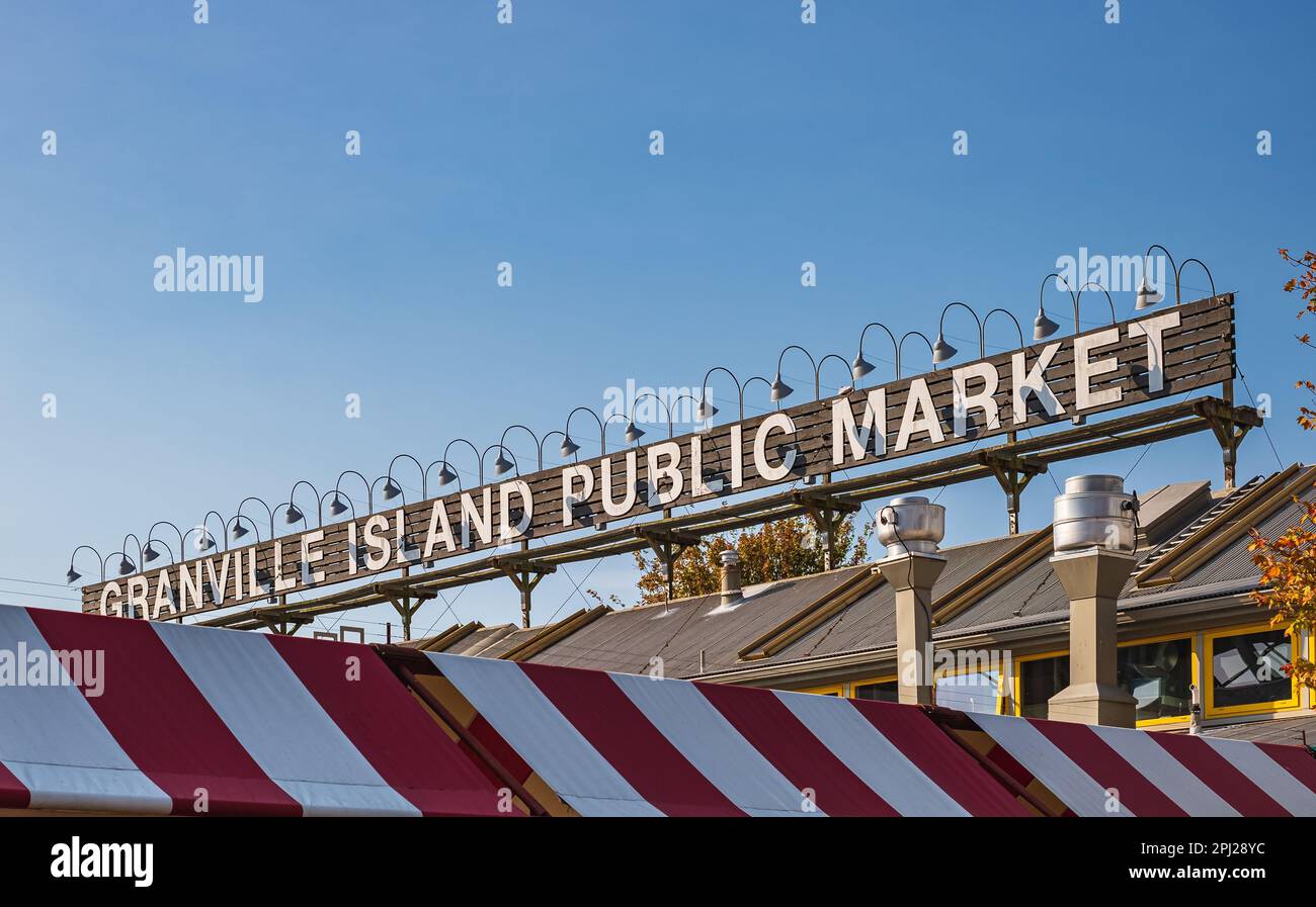 Public Market Facade Granville Island Public Market in Vancouver, British Columbia Canada. Nobody, copy space for text-October 14,2022 Stock Photo