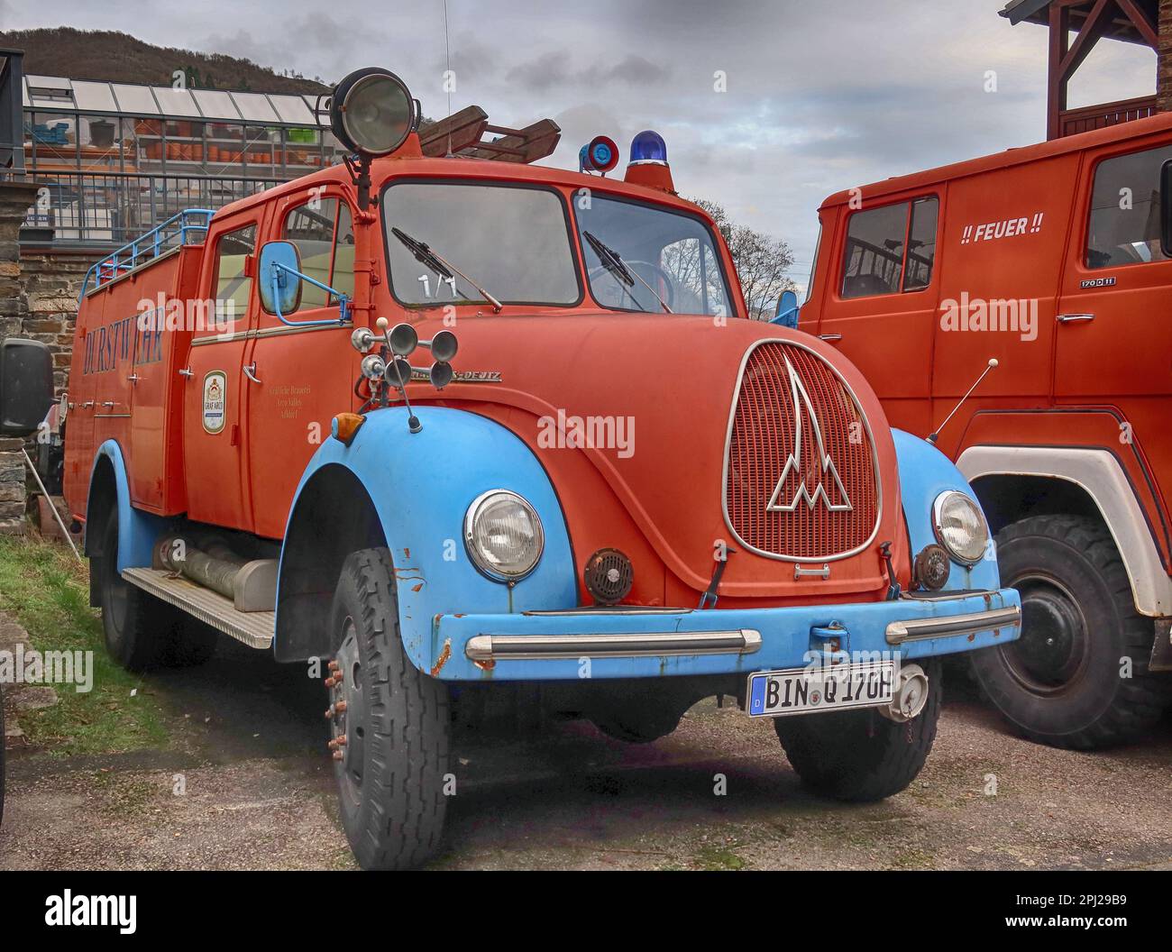Red & blue, beer delivery vehicle, Bacharach (Bacharach am Rhein),  Mainz-Bingen district, Germany Stock Photo