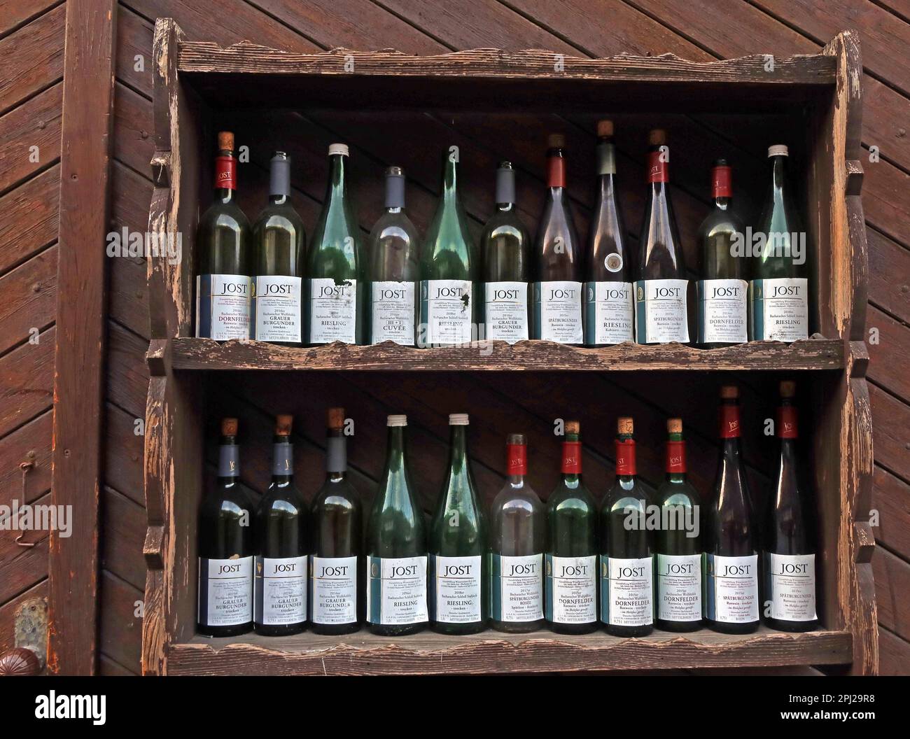 Jost Dry Riesling, Spatburgunder Rosee, Dornfelder, Rotwein wine bottles, Bacharach (Bacharach am Rhein),  Mainz-Bingen district, Germany Stock Photo