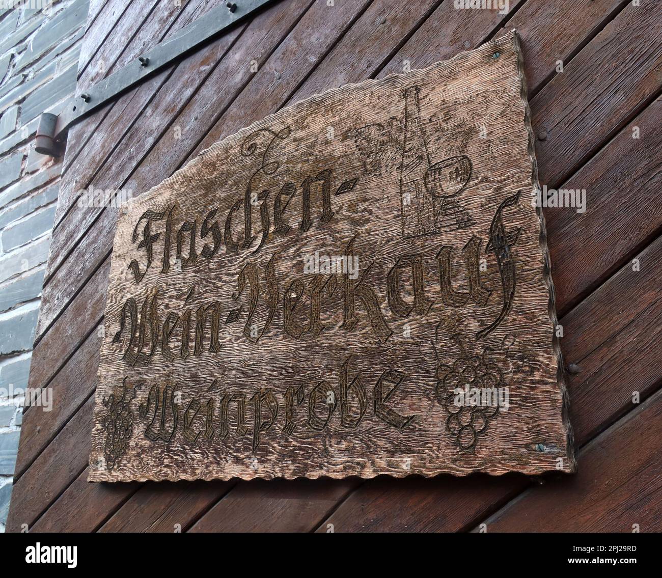 Bottles of wine to buy sign, Bacharach (Bacharach am Rhein), winery, Mainz-Bingen district, Germany Stock Photo