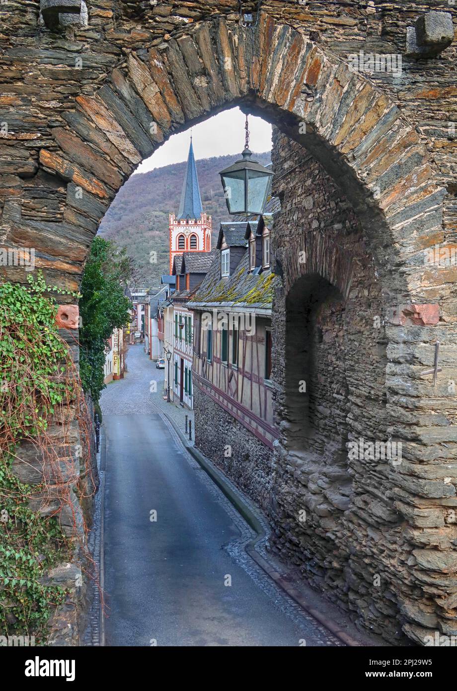 Entrance, city wall, leading into town ,Bacharach (Bacharach am Rhein),  Mainz-Bingen district, Germany Stock Photo