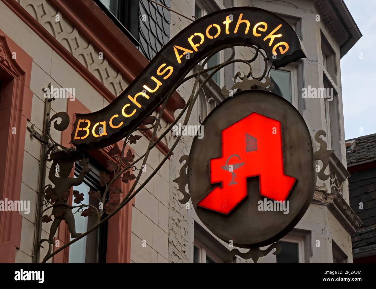 Bacchus Apotheke pharmacy sign Bacharach (Bacharach am Rhein),  Mainz-Bingen district, Germany Stock Photo