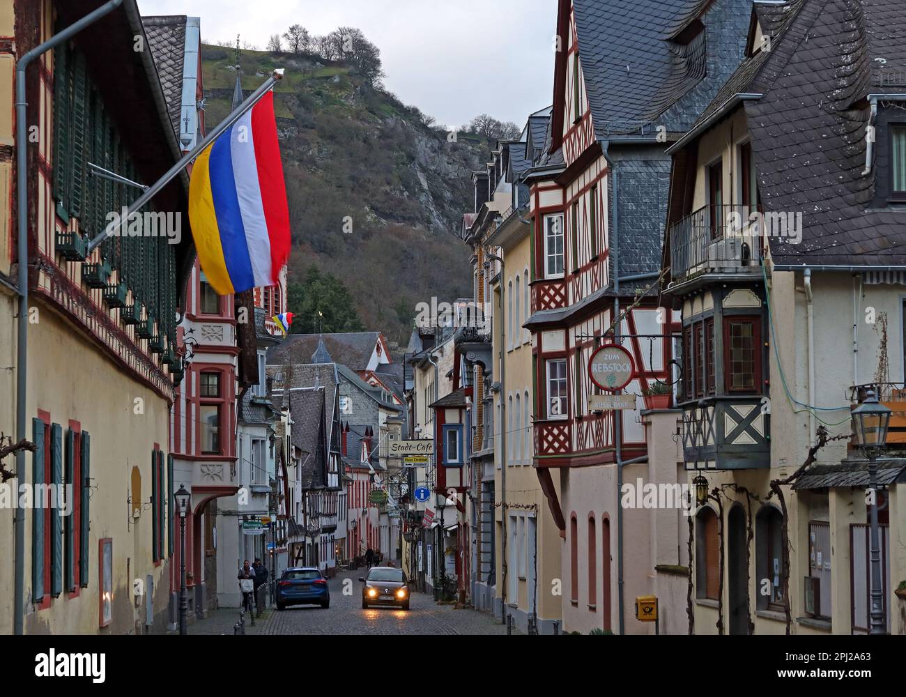 Fastnacht carnival flag flying Bacharach (Bacharach am Rhein), ???, Mainz-Bingen district, Germany Stock Photo