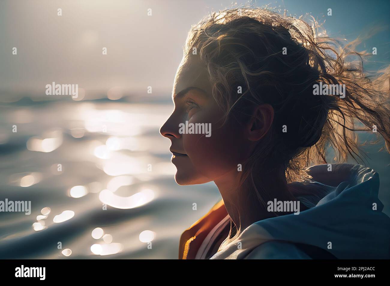 a young girl looking out at the ocean with her hair blowing in the wind ...