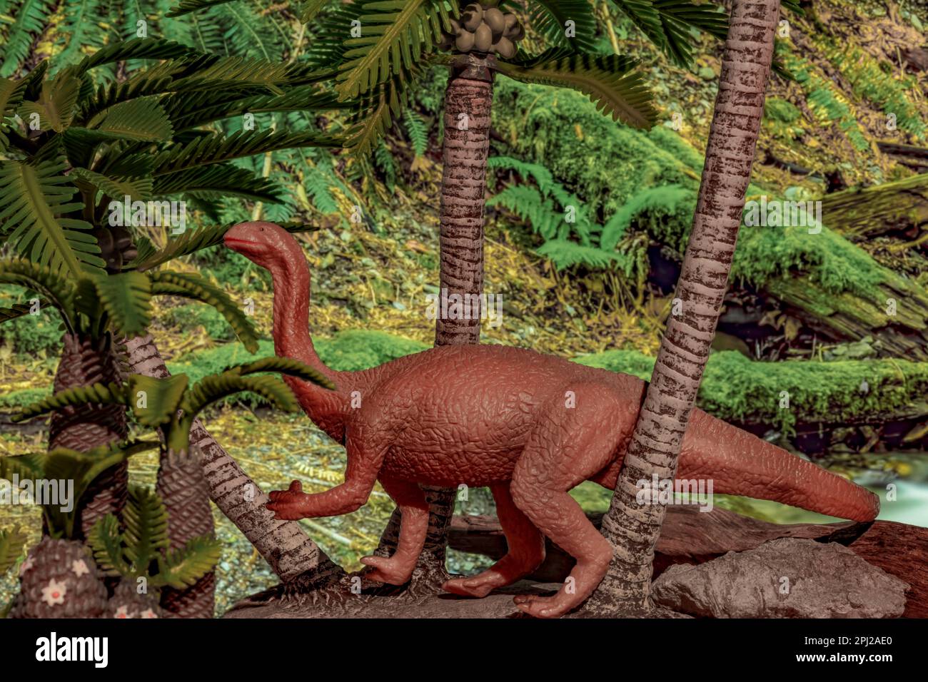 Plateosaurus comes to us from the Norian Age of the Upper Triassic, about 214 to 204 million years ago.  This old model is by Schleich (1999). Stock Photo