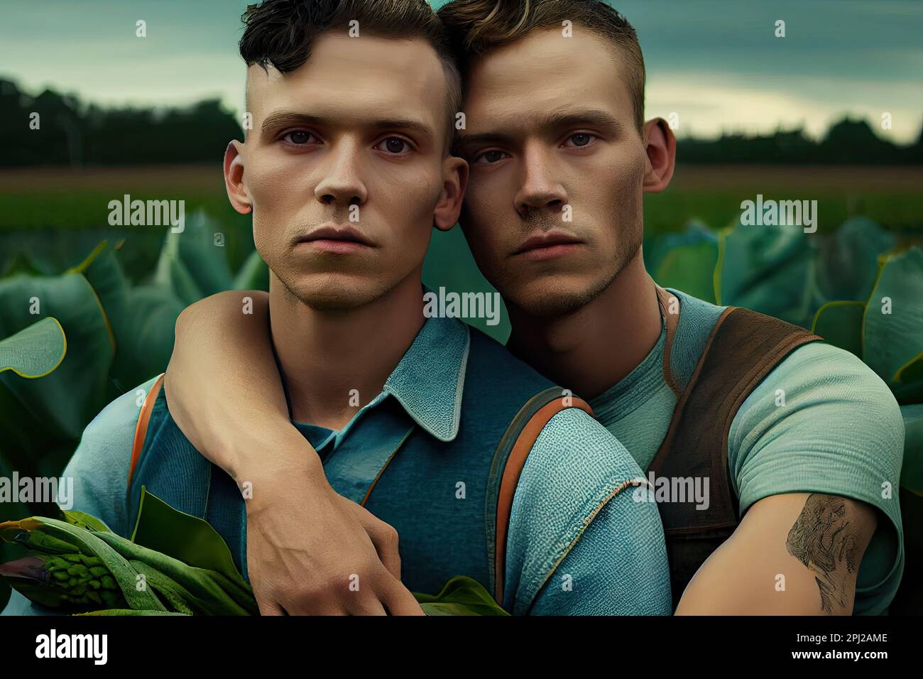 two young men standing in the middle of a field, one holding his arm ...