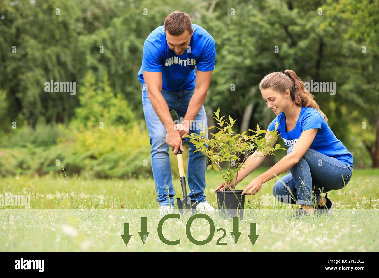 Reduce CO2 emissions. Young volunteers planting tree in park Stock Photo