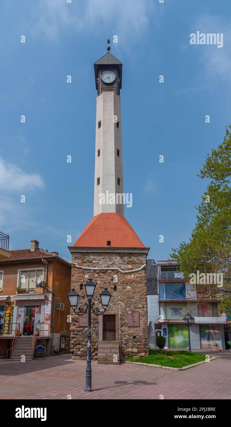 Pazardjik, Bulgaria, April 22, 2022 Old clock tower in the center of