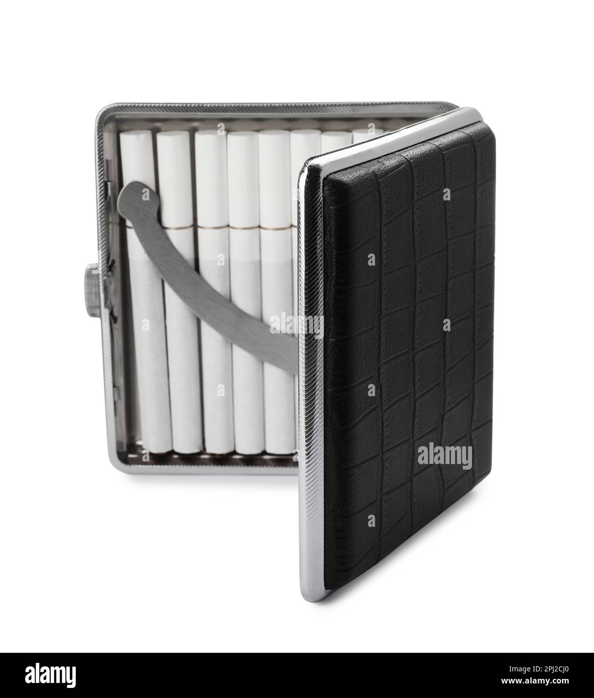 Stylish case with cigarettes isolated on white Stock Photo