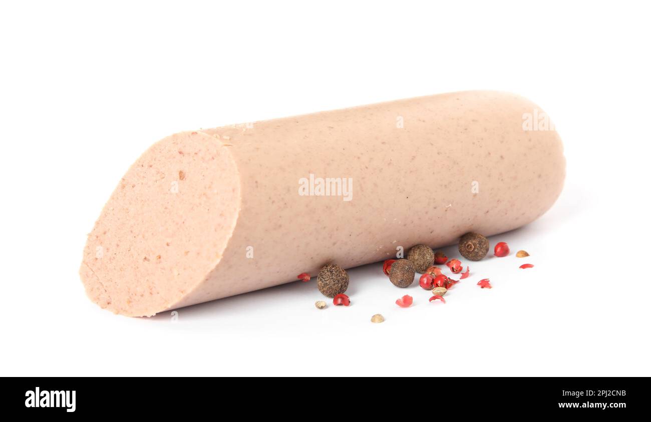 Delicious liverwurst with spices on white background Stock Photo Alamy