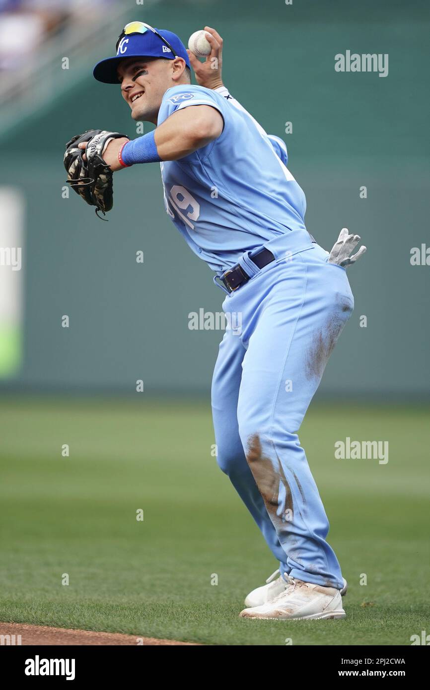 Kansas City, United States. 30th Mar, 2023. Kansas City Royals second  baseman Michael Massey (19) completes a double play against the Minnesota  Twins during the Opening Day at Kauffman Stadium in Kansas