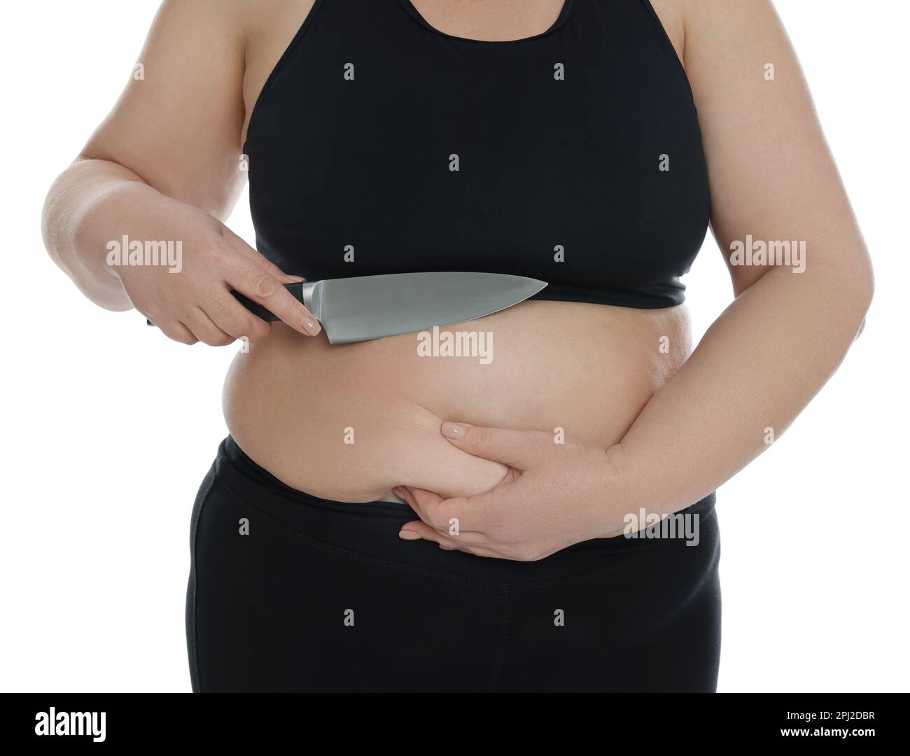 Obese woman with flabby arm on white background. Weight loss