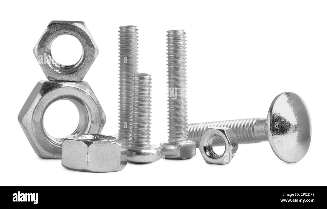 Different metal bolts and nuts on white background Stock Photo Alamy