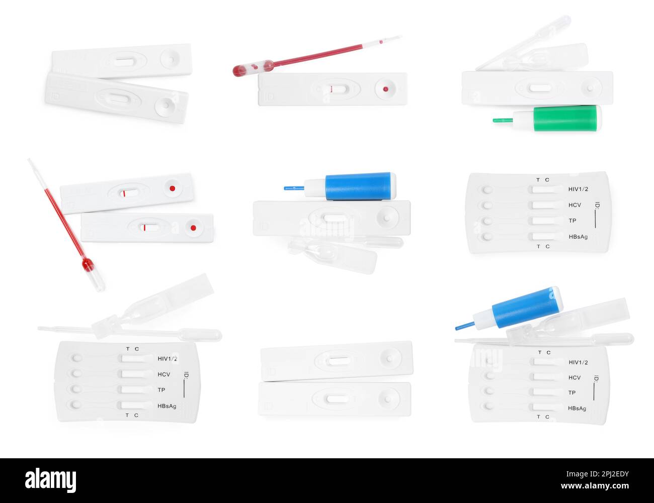 Set with disposable express test kits for hepatitis on white background