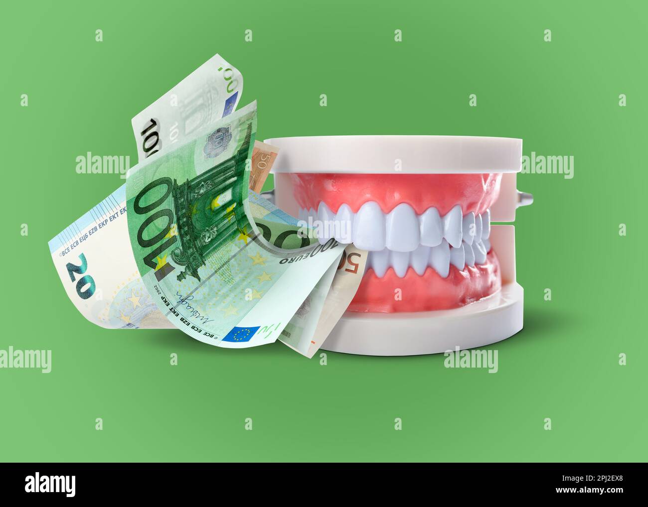 Model of oral cavity with teeth and euro banknotes on green background