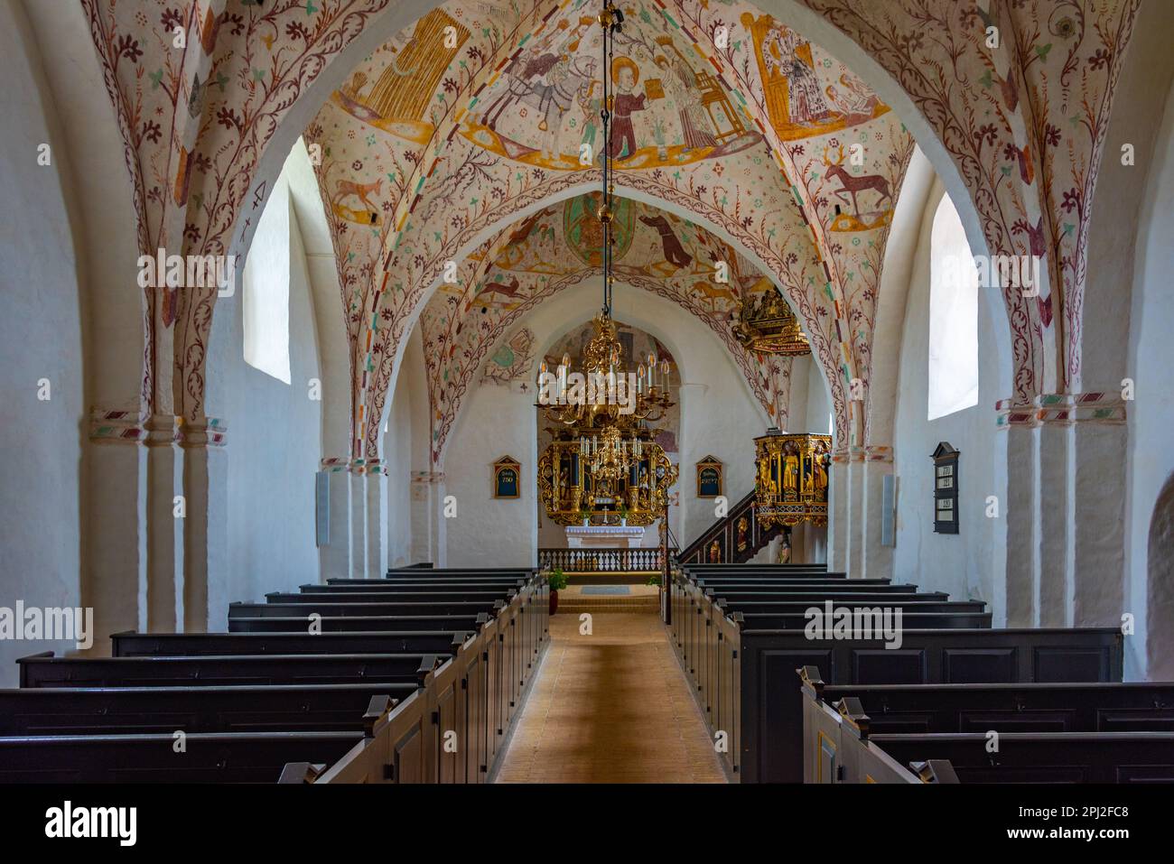 Elmelunde, Denmark, June 22, 2022: Interior of painted Elmelunde church in Denmark. Stock Photo