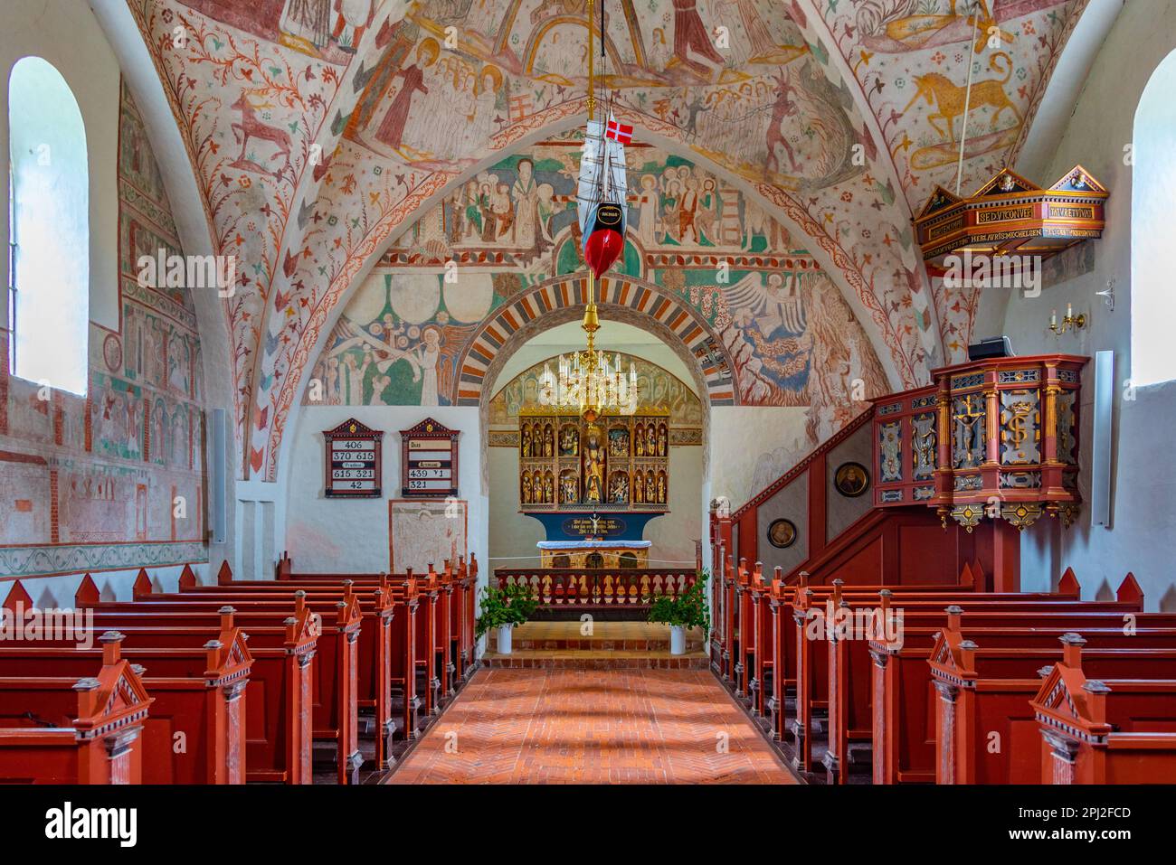 Keldby, Denmark, June 22, 2022: Interior of painted Keldby church in Denmark. Stock Photo