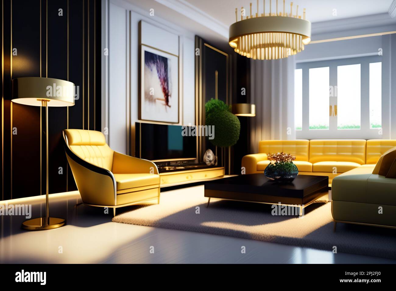 Interior of modern living room with black and gold walls, concrete