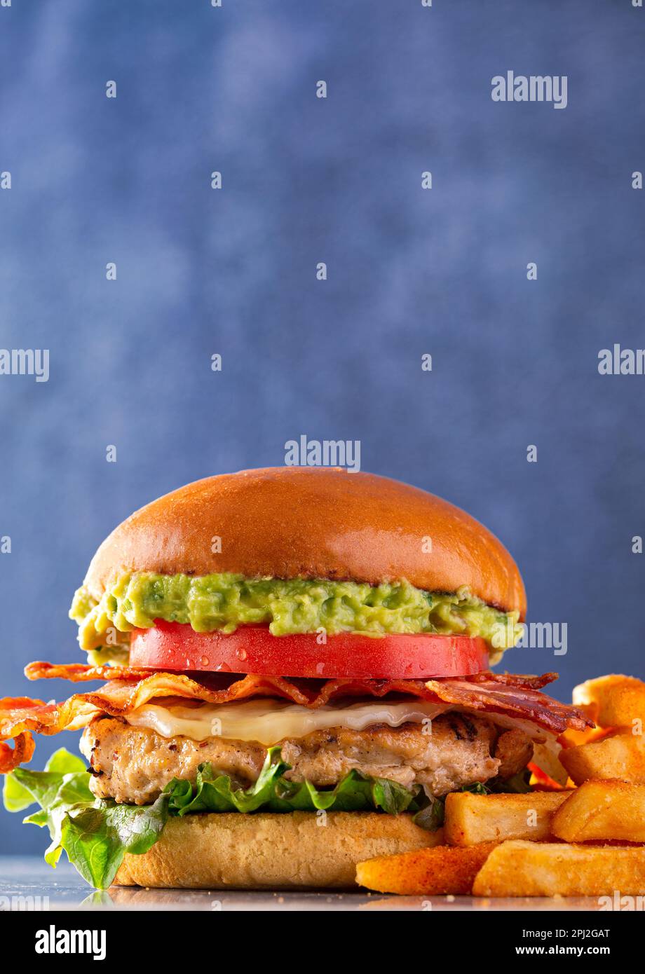 Turkey bacon burger with lettuce, tomato avocado, with a side of French