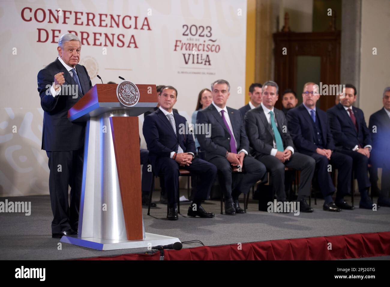 Mexico City, Mexico. 30th Mar, 2023. Mexican President Andres Manuel LOpez Obrador speaks during the briefing conference, accompanied by Francisco Casanova Pérez, incoming president of the Communication Council and José Carlos Azcarraga Andrade, outgoing president of the Communication Council where the change of presidency of the Communication Council takes place at National Palace. on March 30, 2023 in Mexico City, Mexico. (Credit Image: © Julian Lopez/eyepix via ZUMA Press Wire) EDITORIAL USAGE ONLY! Not for Commercial USAGE! Stock Photo