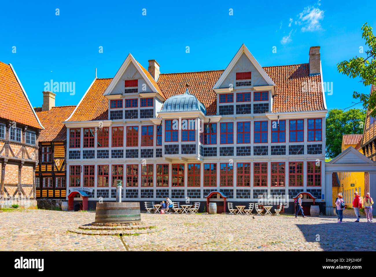 Aarhus, Denmark, June 16, 2022: Colorful houses in Den Gamle By open-air museum in Aarhus, Denmark. Stock Photo