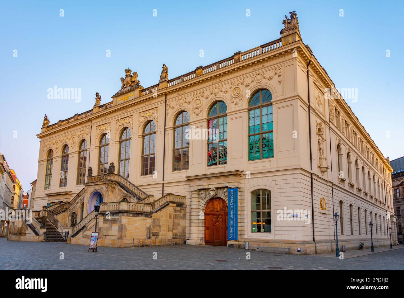 Dresden, Germany, August 7, 2022: Sunrise view of Dresden Transport museum in Germany. Stock Photo