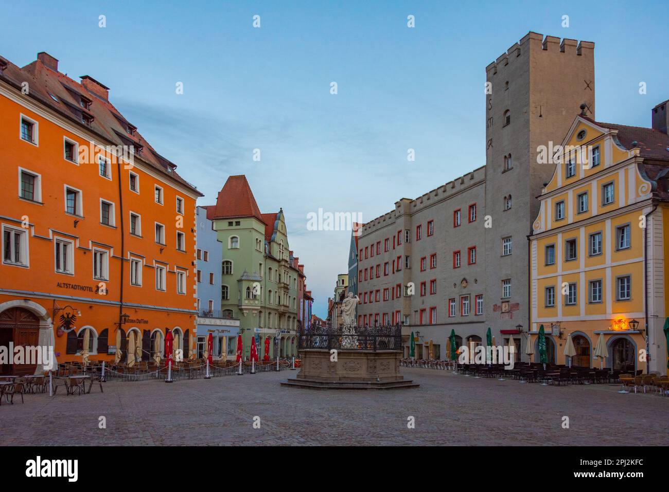 Regensburg, Germany, August 13, 2022: Sunrise view of Haidplatz in the old town of German town Regensburg. Stock Photo