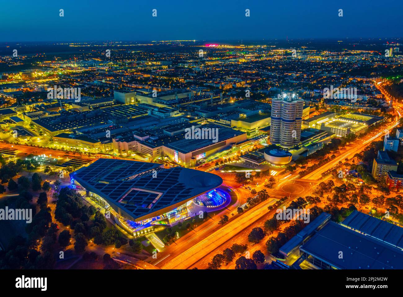Ngermany View Munich, Germany, August 14, 2022: Sunset aerial view of BMW Welt in ...