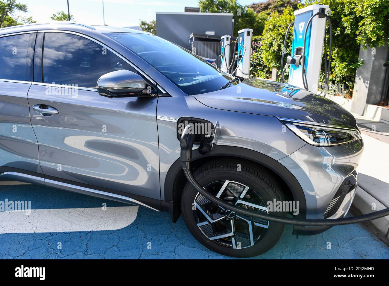Electric cars and charging stations are seen atTritium, Brisbane