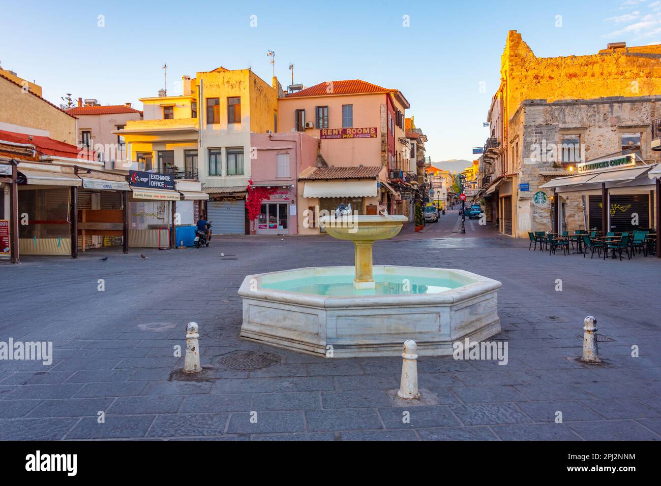 Chania, Greece, August 23, 2022 Sunrise view of a tourist street in