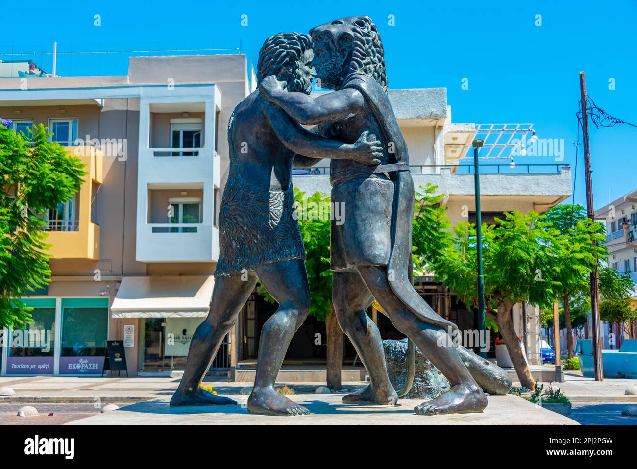 Kos, Greece, August 28, 2022: The mythological wrestling match between Herakles and Antagoras at Kos, Greece. Stock Photo