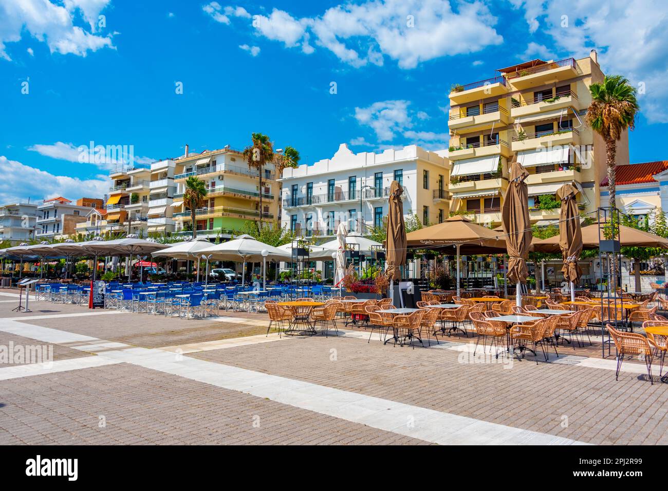 Kalamata, Greece, September 7, 2022 Seaside promenade at the port of