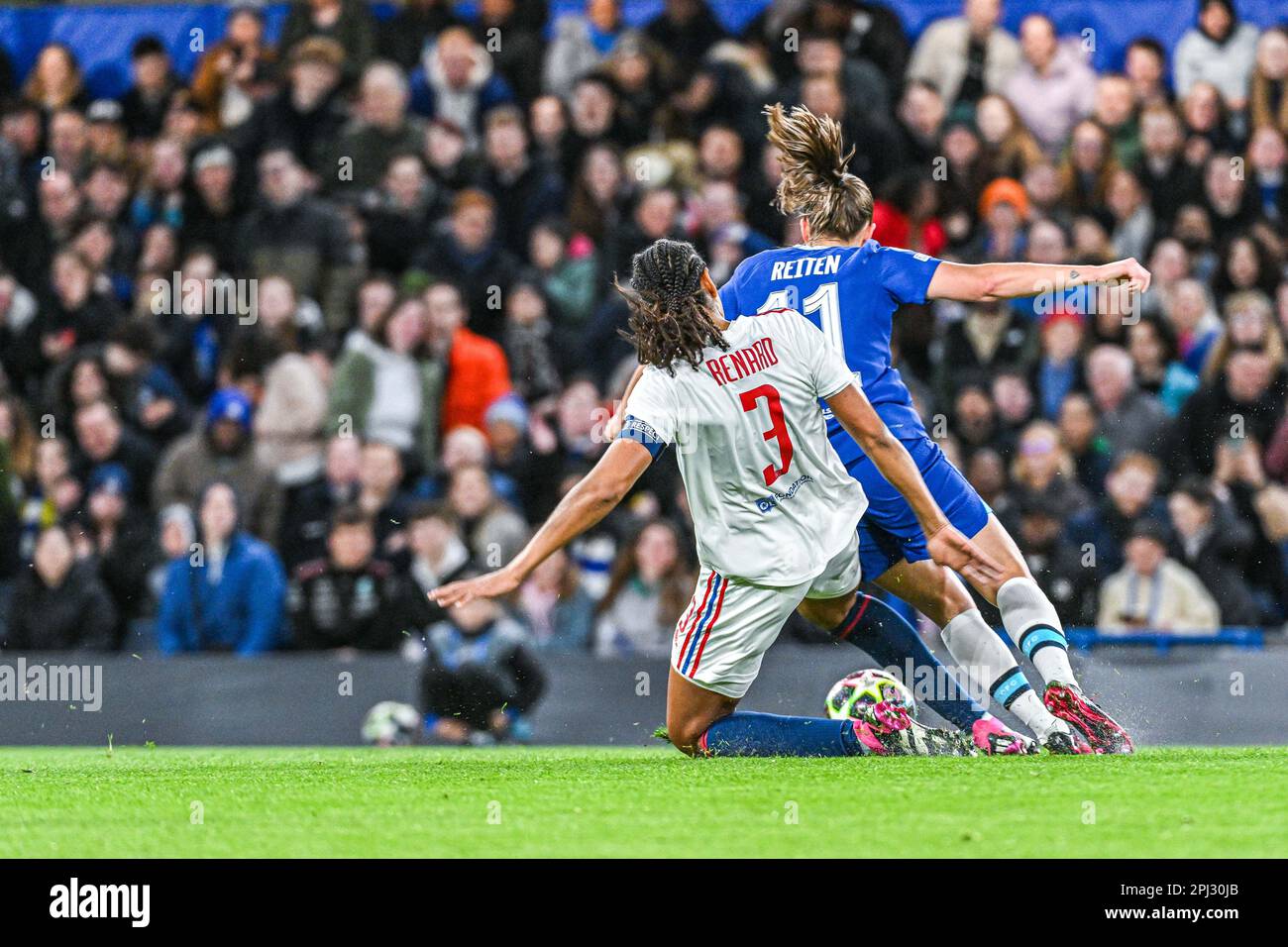 Wendie Renard (3) of Lyon and Guro Reiten (11) of Chelsea pictured