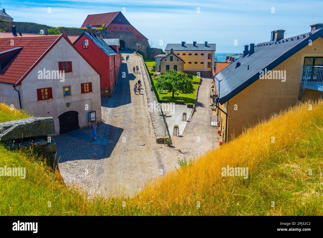 Varberg, Sweden, July 12, 2022 Colorful houses in the fortress in