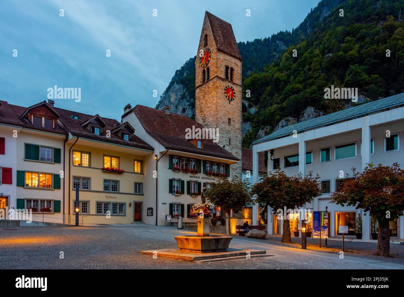 Unterseen, Switzerland, September 23, 2022: Sunset view of the main square of Unterseen in Switzerland. Stock Photo
