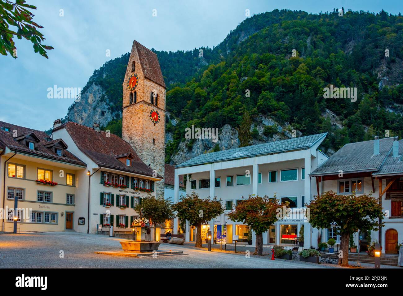 Unterseen, Switzerland, September 23, 2022: Sunset view of the main square of Unterseen in Switzerland. Stock Photo