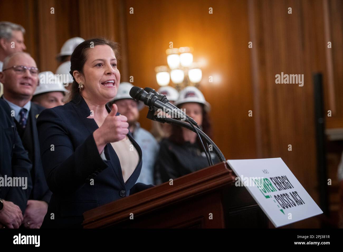 House Republican Conference Chairwoman United States Representative Elise Stefanik (Republican of New York) offers remarks during press conference post passage of H.R. 1, Lower Energy Costs Act, at the US Capitol in Washington, DC, Thursday, March 30, 2023. Credit: Rod Lamkey/CNP /MediaPunch Stock Photo