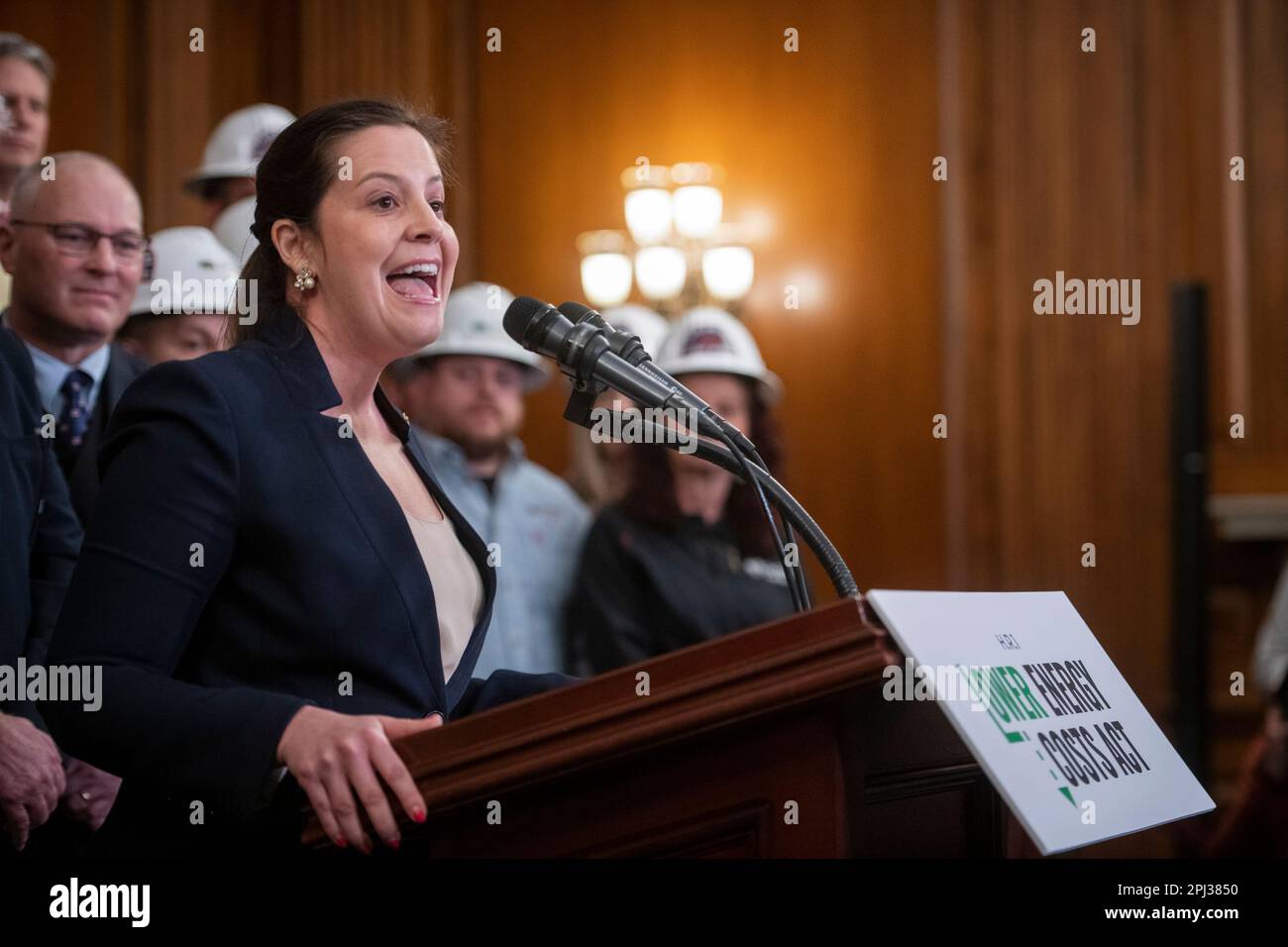House Republican Conference Chairwoman United States Representative Elise Stefanik (Republican of New York) offers remarks during press conference post passage of H.R. 1, Lower Energy Costs Act, at the US Capitol in Washington, DC, Thursday, March 30, 2023. Credit: Rod Lamkey/CNP /MediaPunch Stock Photo
