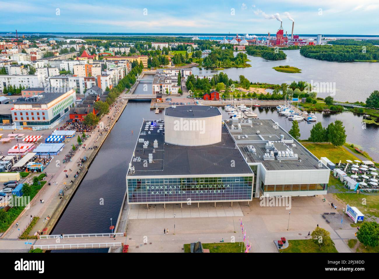 Oulu, Finland, July 22, 2022: Aerial view of Oulu theatre and industrial park in Finland. Stock Photo