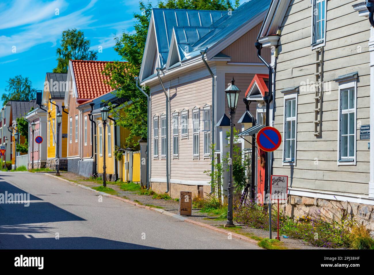 Kokkola, Finland, July 23, 2022: Colorful timber houses in Neristan district of Finnish town Kokkola. Stock Photo