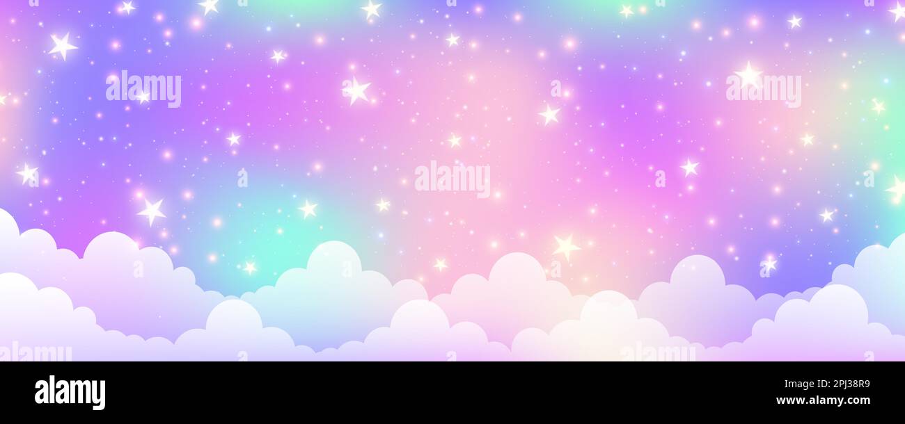Fantasy pink unicorn background with clouds and stars. Pastel ...