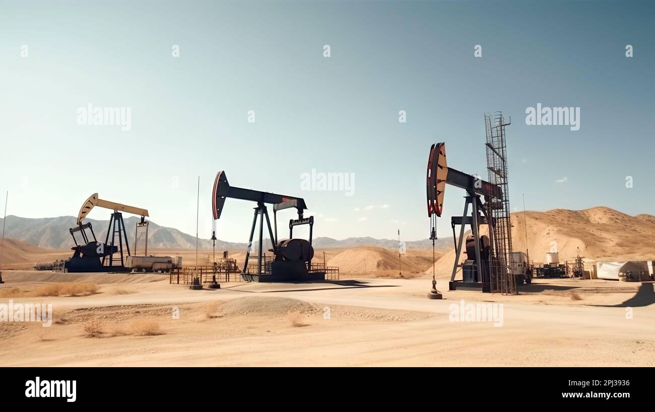 Working oil pumps in desert place. Natural resources industry. Oil rig