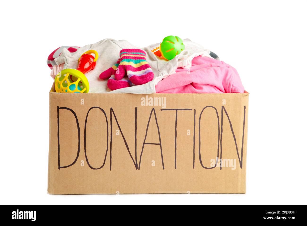 Donation box with baby clothes isolated on white background. Top view