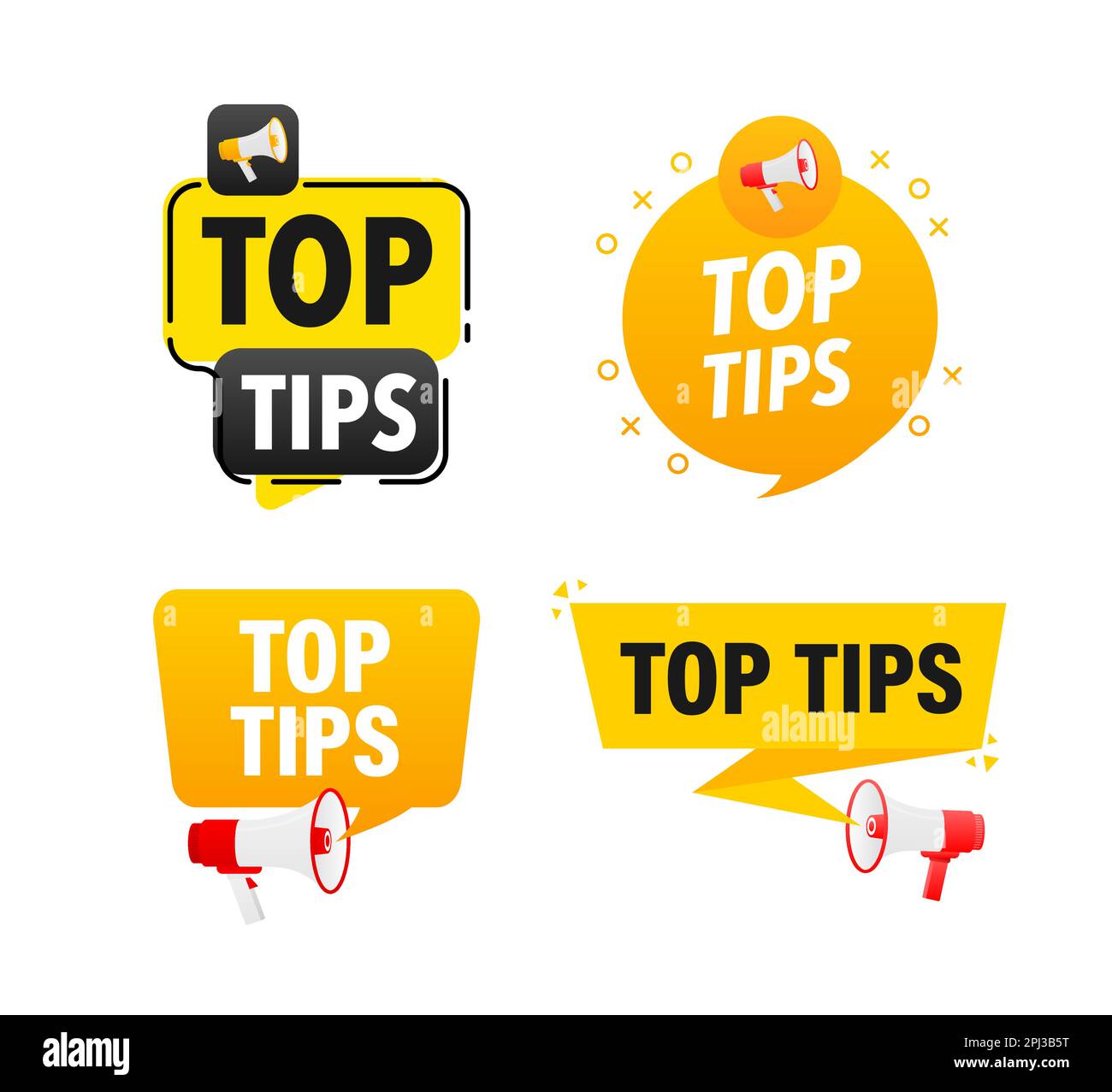 Megaphone label set with text top tips. Top tips announcement banner ...